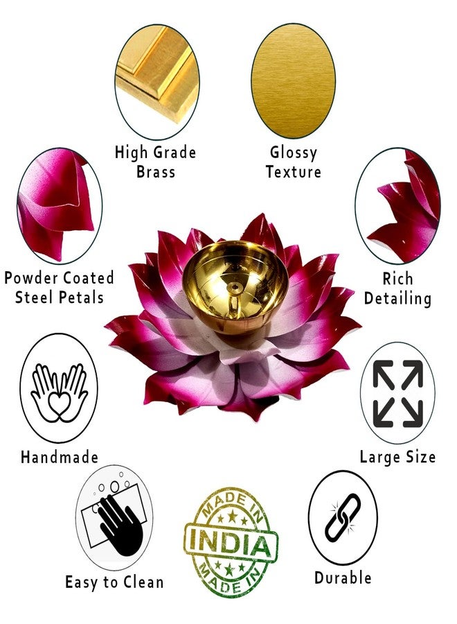 Lamina Set of 1 Lotus Shaped Large Size Brass Diya for Puja (6inch Pink Petals) Center Wick Holder Pital Akhand Kamal Deep Vilakku for Home Décor, Worship, Housewarming, Marriage & Return Gift - Image 2